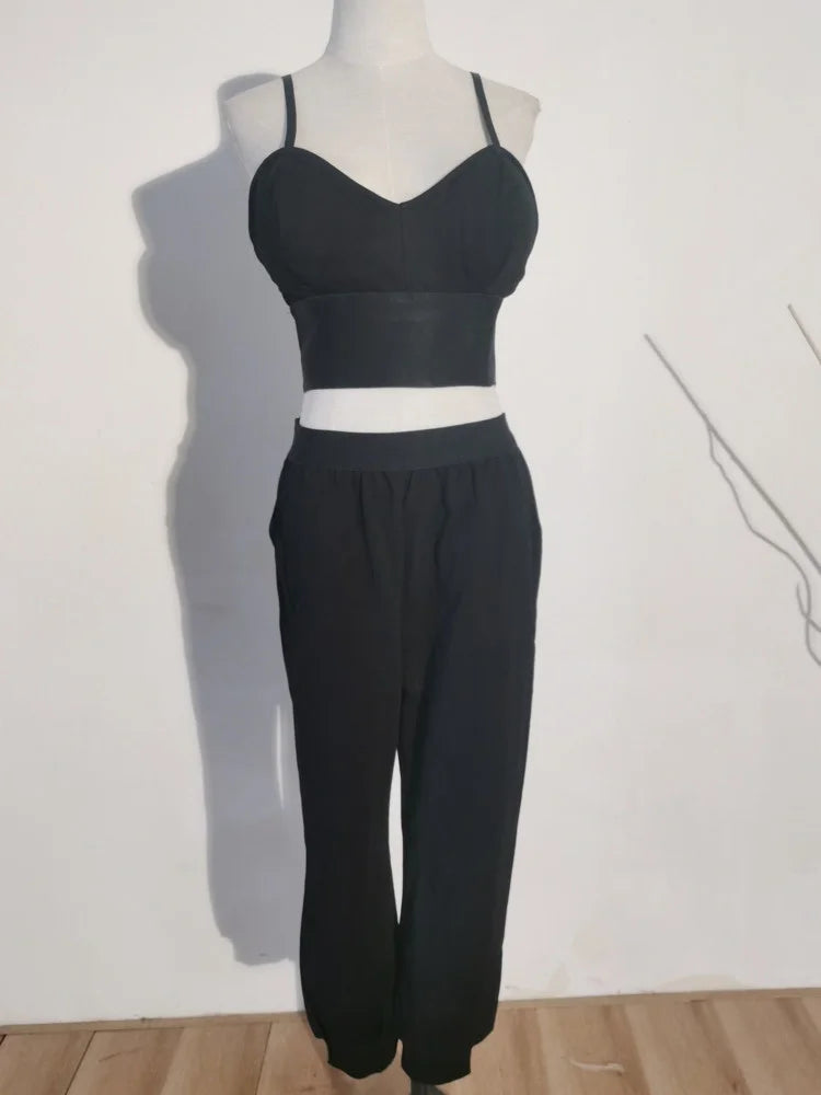 Pre Order:  Black Crop Top High Waist Pants Set