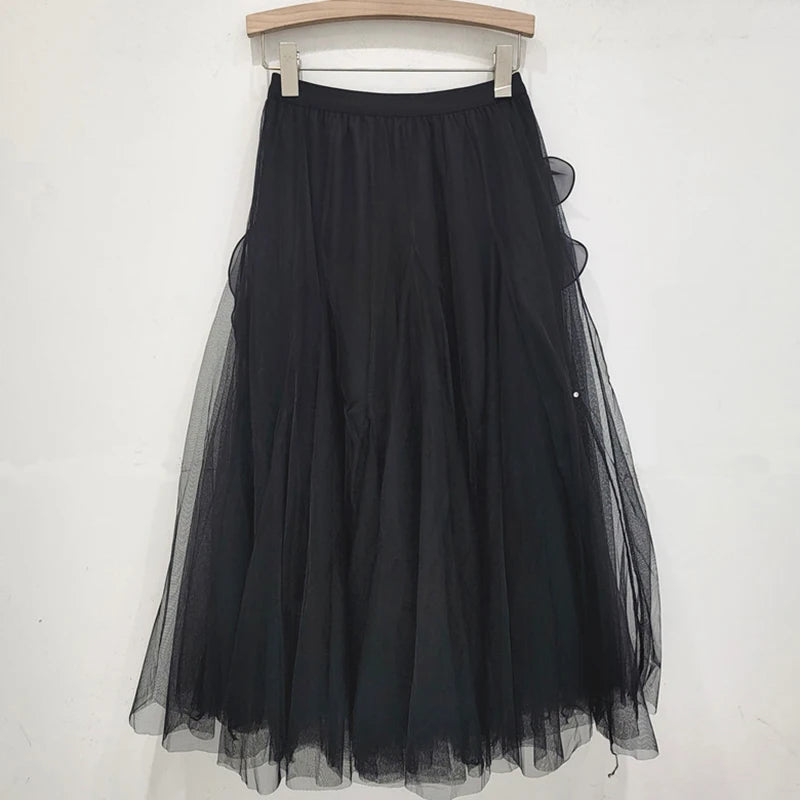 Pre Order: Mesh Handmade 3D Flower High Elastic Waist Skirt