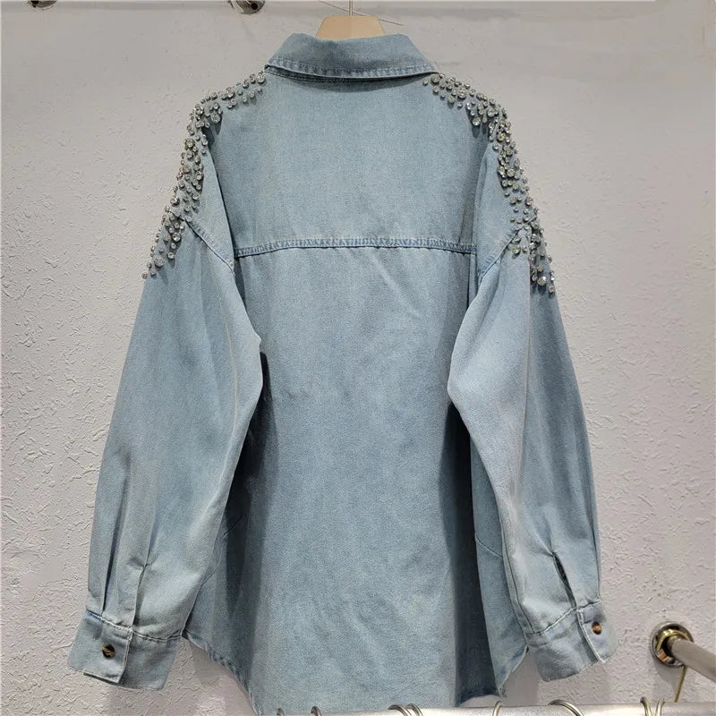 Diamond Studded Loose Denim Shirt