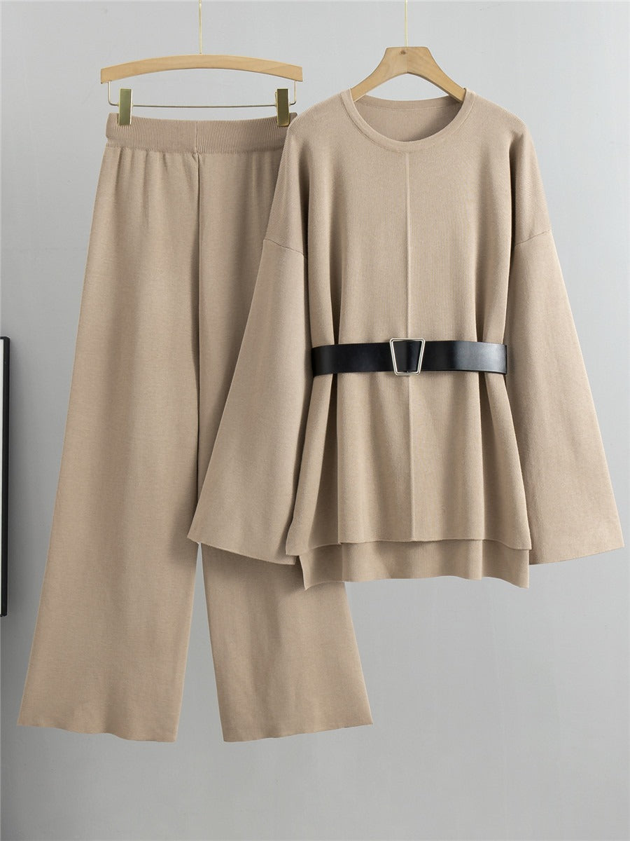 Pre Order: Knitted Loose Belted Sweater + Wide Leg Pants Set