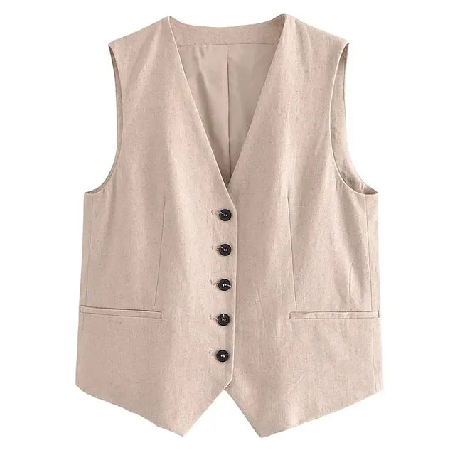 Pre Order:  Solid Button Sleeveless Linen Vest + Shorts Set