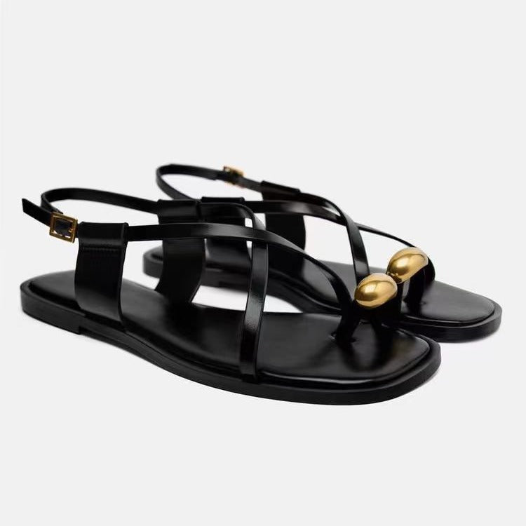 Pre Order:  Casual Cross Strap Square Toe Flat Sandals