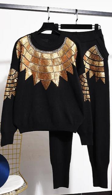 Pre Order:  Diamond Drill Long Sleeved Embroidered Sweater + Pants Set