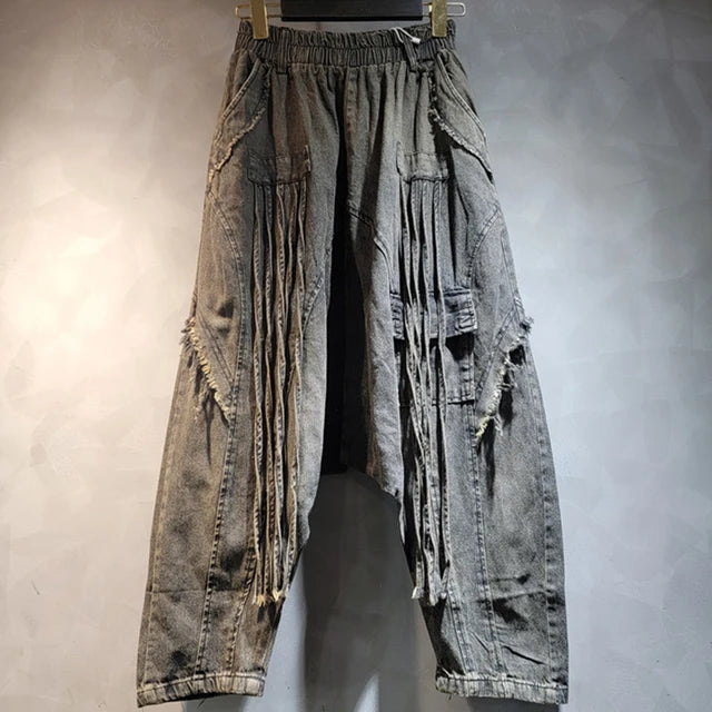 Pre Order: Loose High Elastic Waist Wide Leg Denim Pants