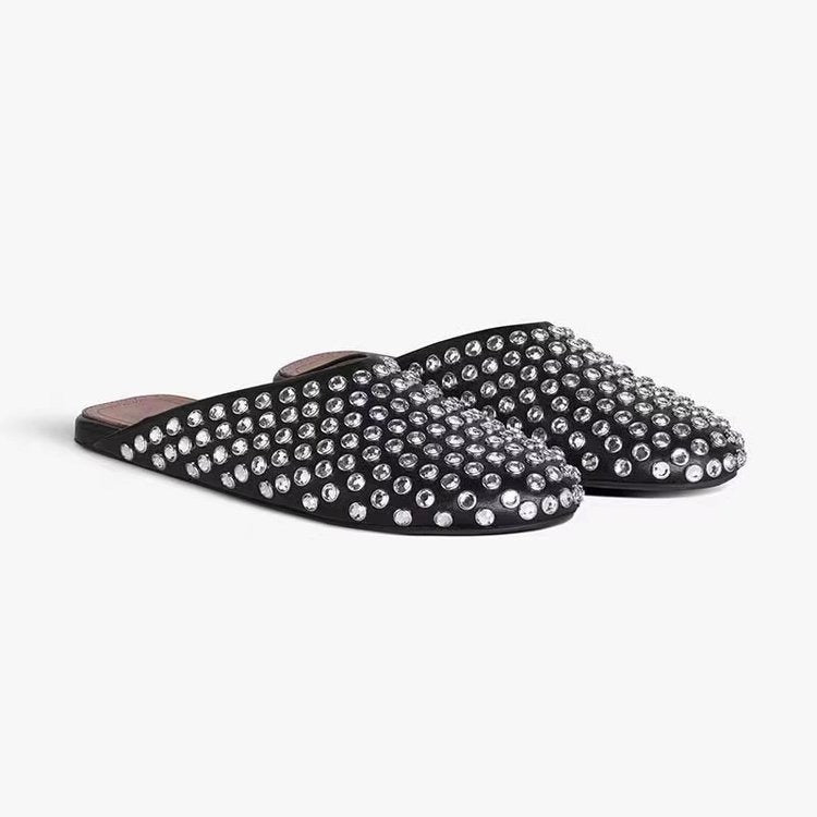 Pre Order:  Rhinestone Rivet Toe Cap Flat Mules