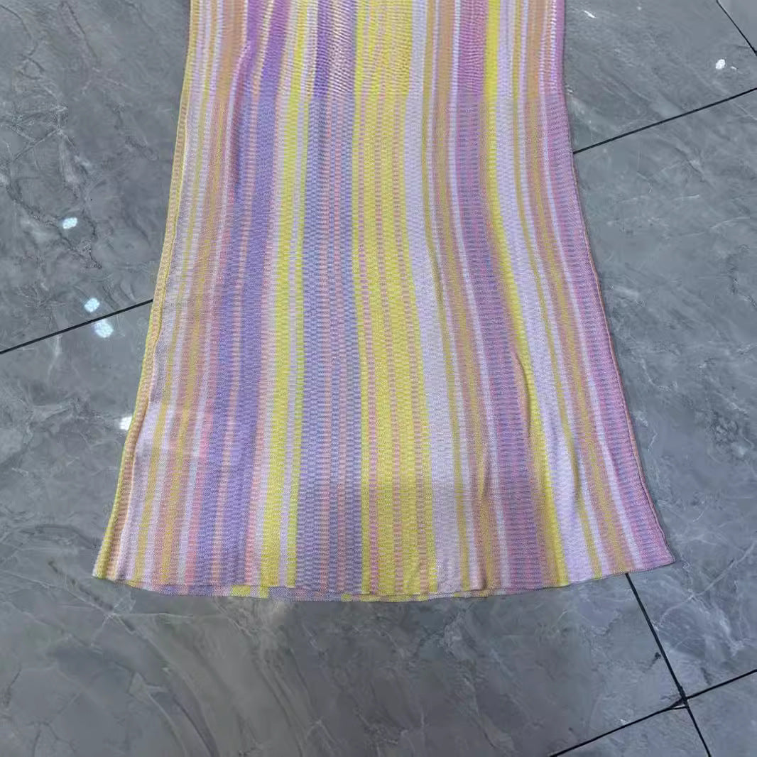 Pre Order: Colorful Striped Sleeveless Elastic Knitted Midi Dress