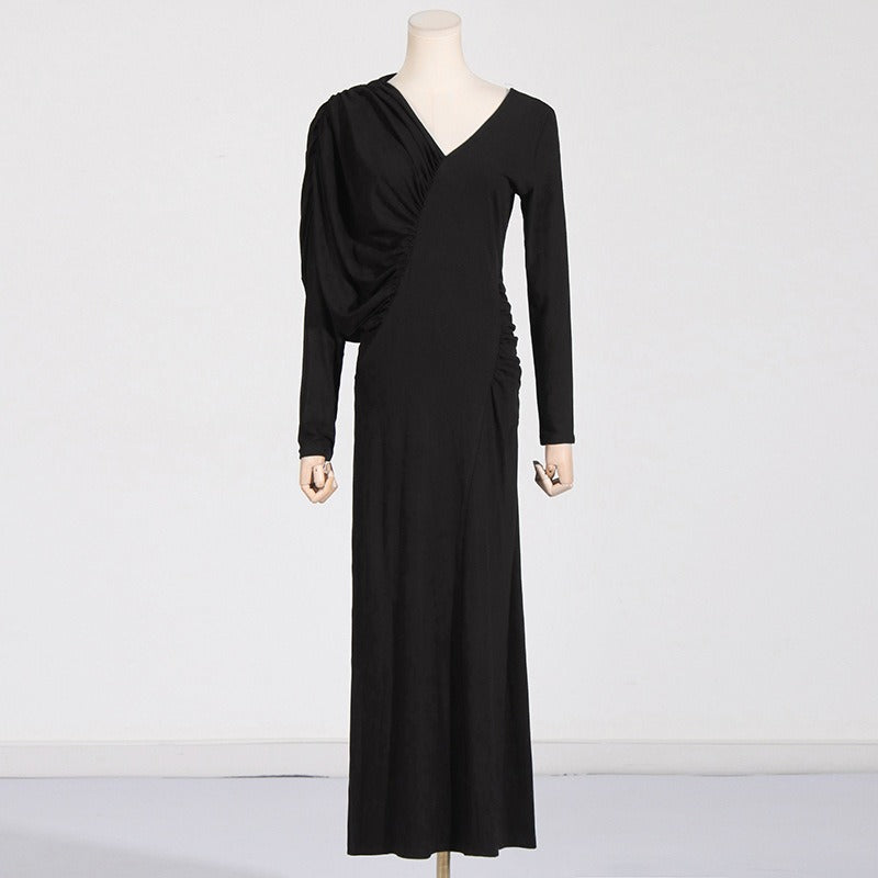 Pre Order: Asymmetric Slim Fit V-Neck Pleated Maxi Dress