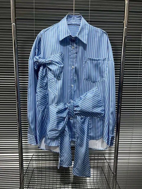 Striped Patchwork Bowknot Long Sleeve Shirt