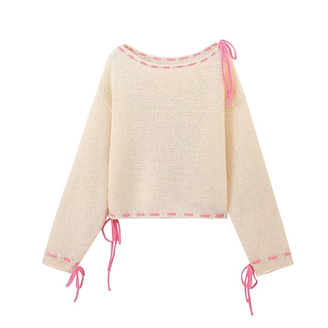 Pre Order:  Loose Lace Up Long Sleeve Knitted Sweater