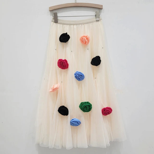 Pre Order:  3D Flower High Elastic Waist A-Line Mesh Skirt