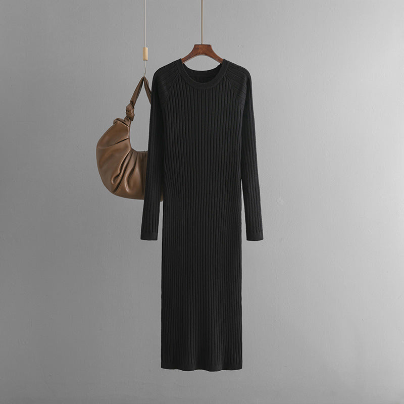 Pre Order:  Solid Pleated Round Neck Woolen Knitted Dress