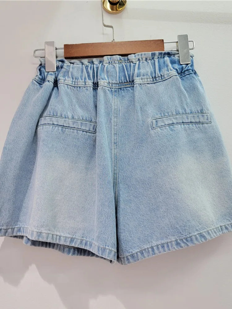 Pre Order:  Diamond Studded High Waist Wide Leg Denim Shorts