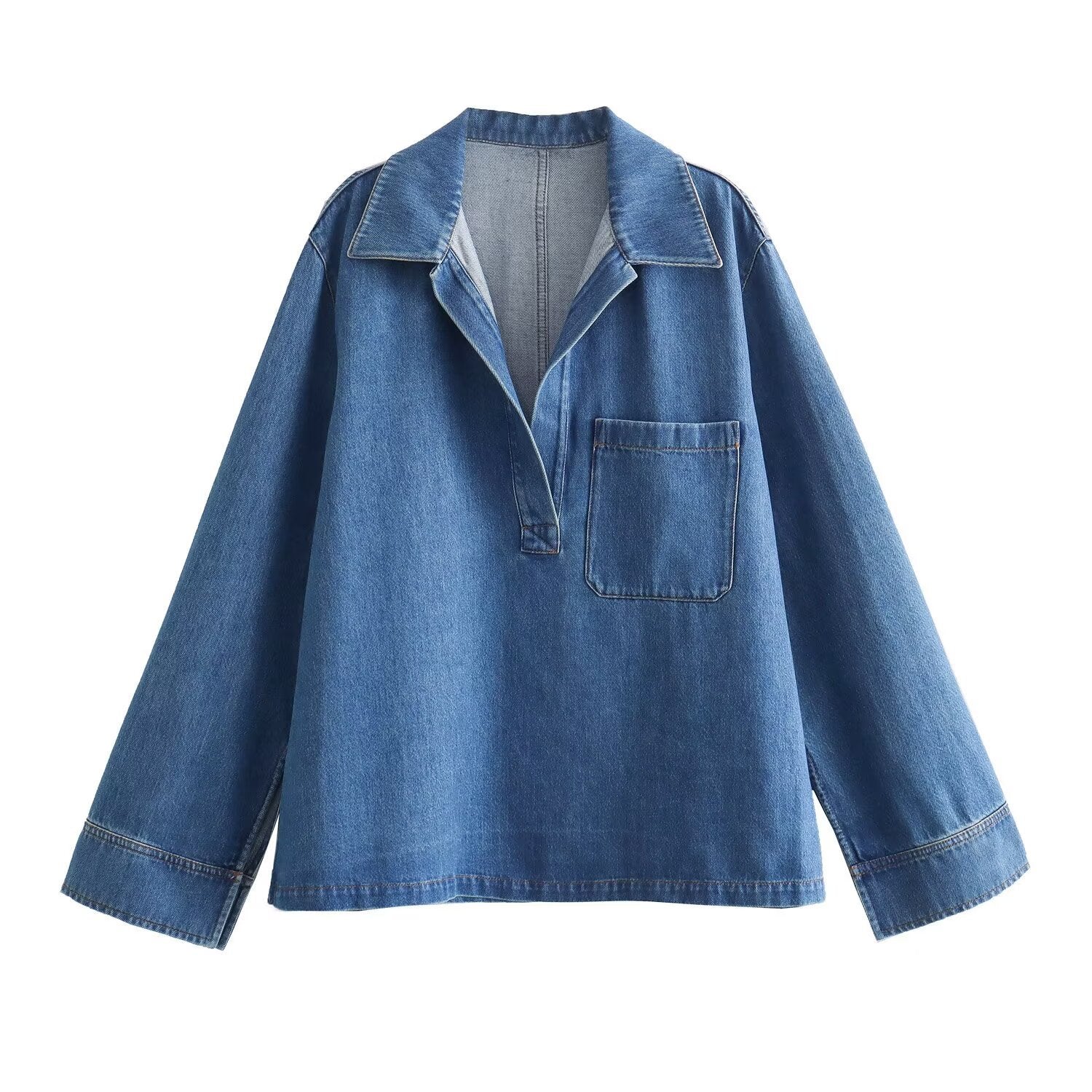 Retro Solid Lapel Long Sleeve Denim Shirt + Wide Leg Denim Pants