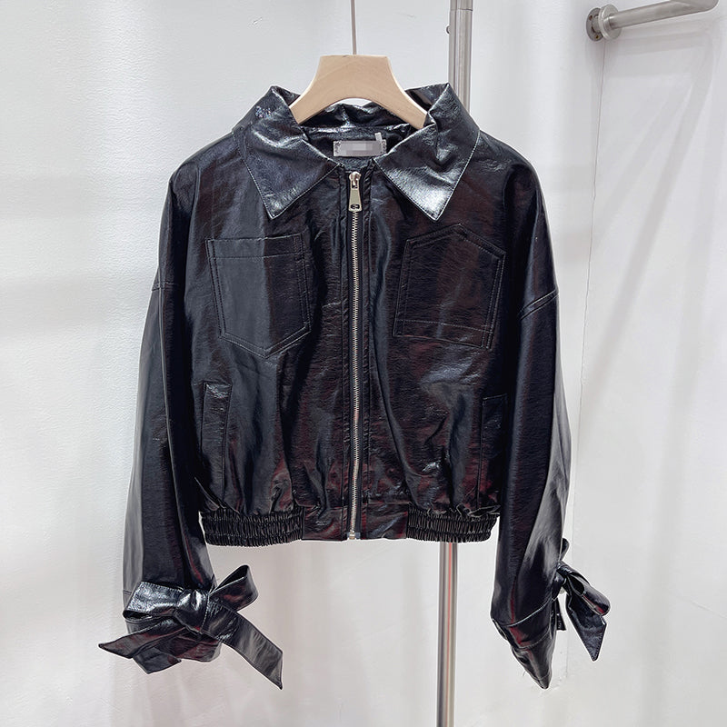 Pre Order: Zip Up PU Leather Solid Color Motorcycle Jacket