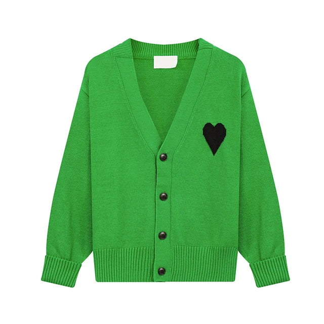 Pre Order: Heart Embroidery Loose Fit Cotton Knitted Cardigan