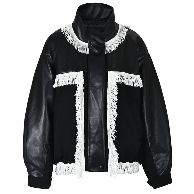 Tassel Spliced Black Leather Jacket