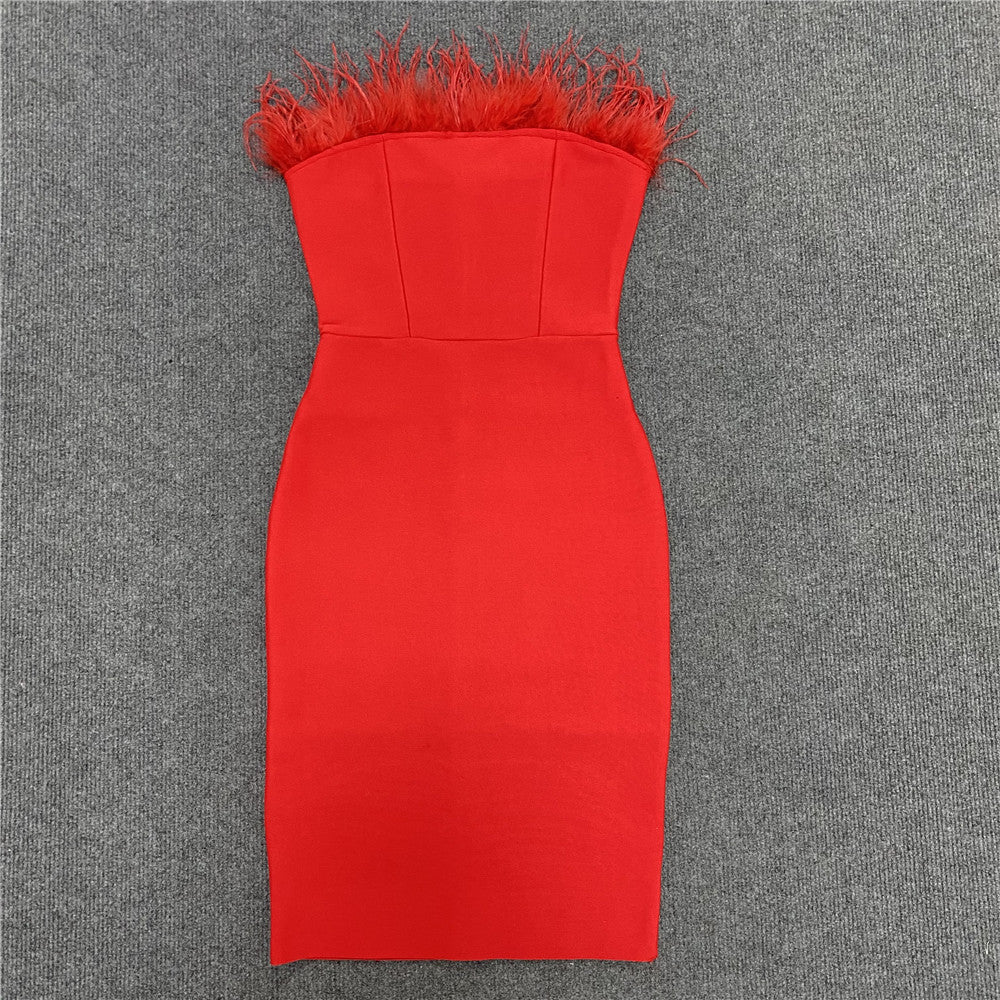 Pre Order:  Tube Top Feather Bandage Banquet Dress