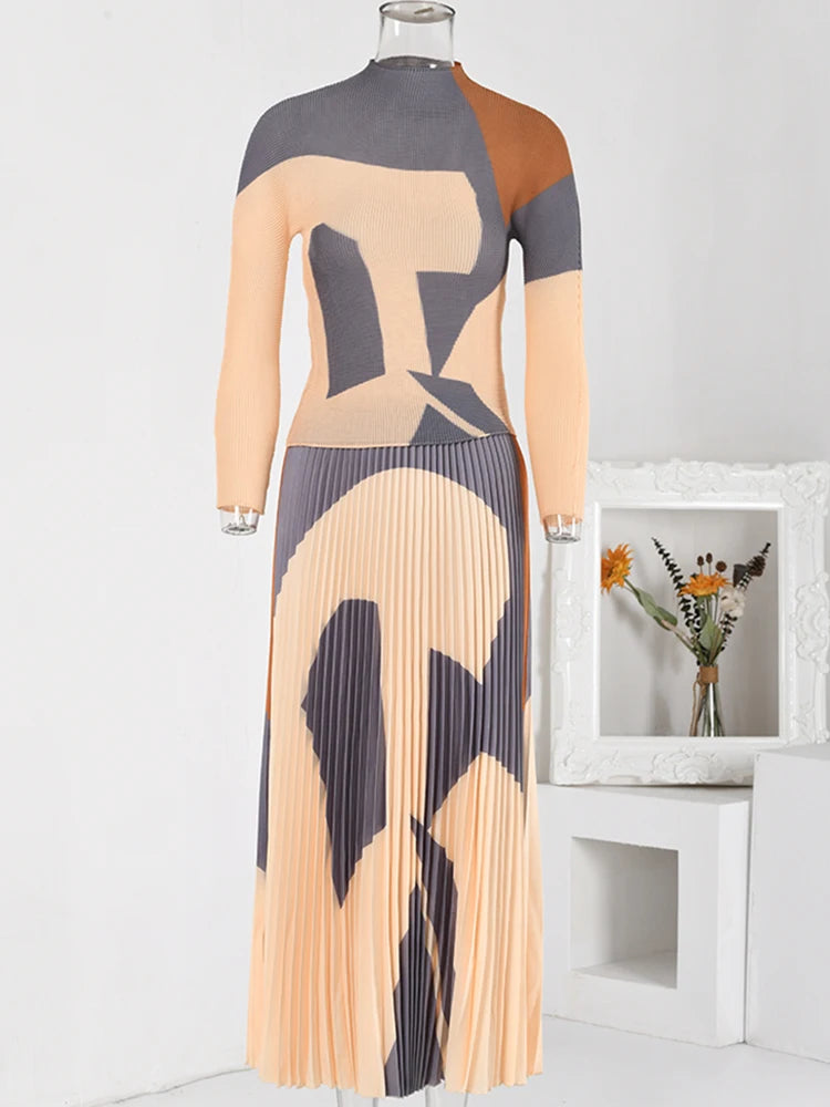 Pre Order:  Pleated Abstract Printed Mid-Length Set