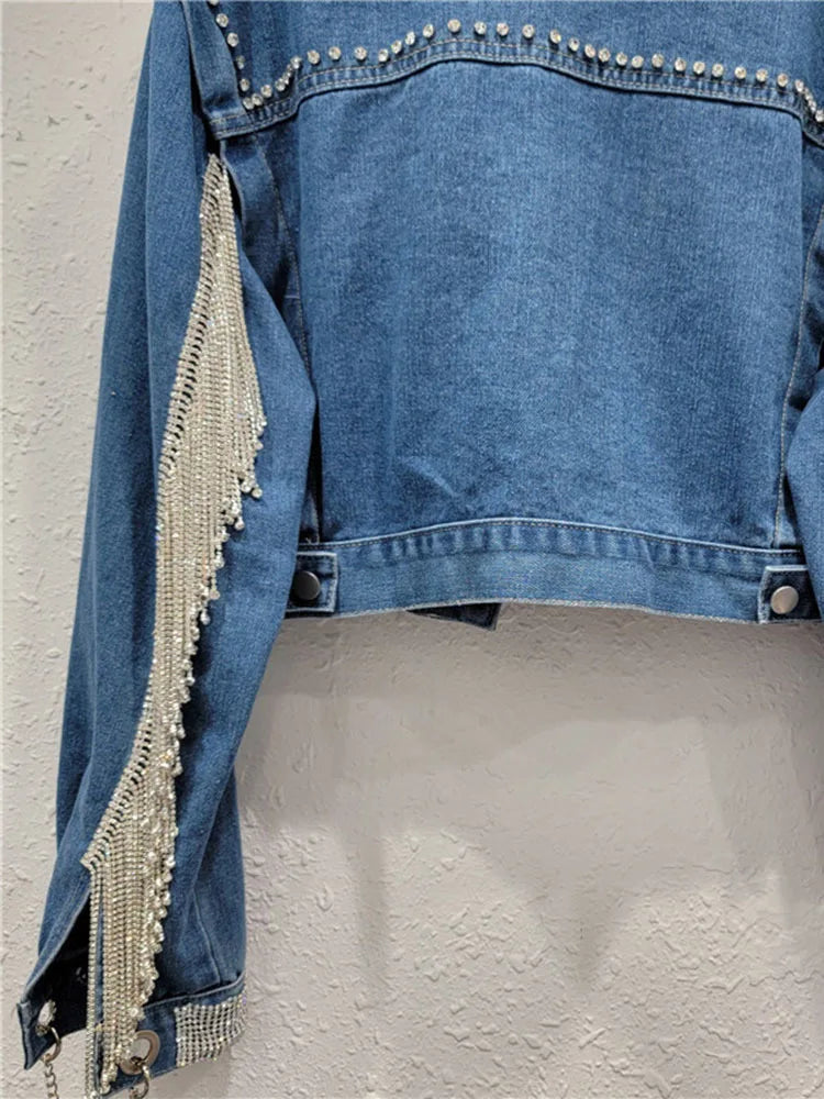 Pre Order:  Spliced Diamond Tassel Long Sleeved Denim Jacket