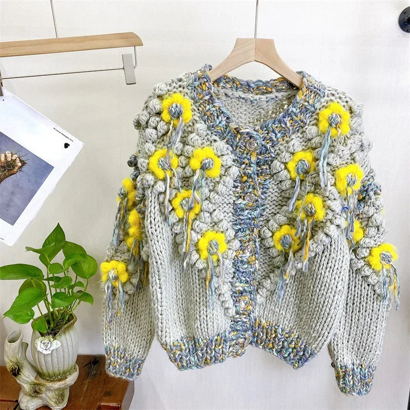 Handmade Tassel 3D Flower Cardigan