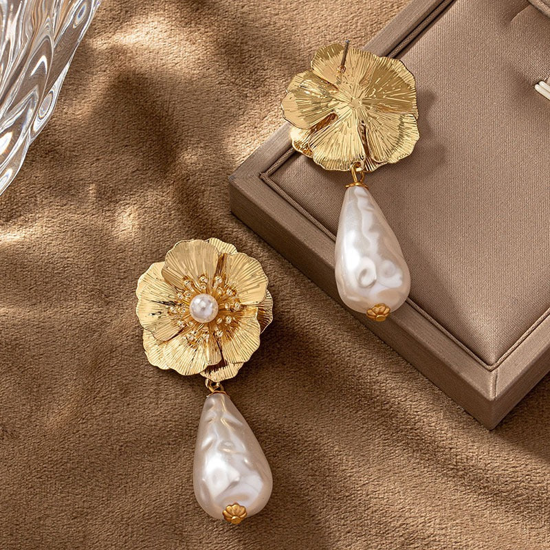 Pre Order:  Elegant Flower Drop Pearl Earrings