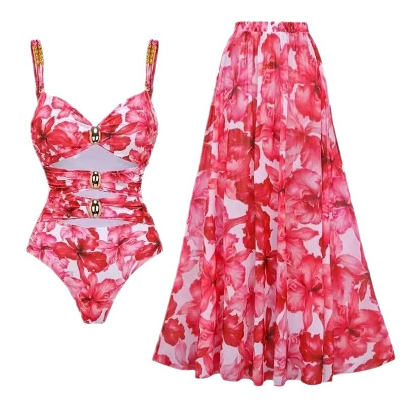 Floral Bandage Wrap One-Piece Swimsuit + Skirt Set
