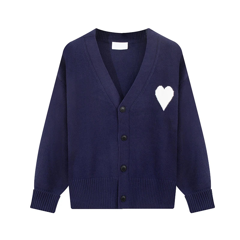 Pre Order: Heart Embroidery Loose Fit Cotton Knitted Cardigan