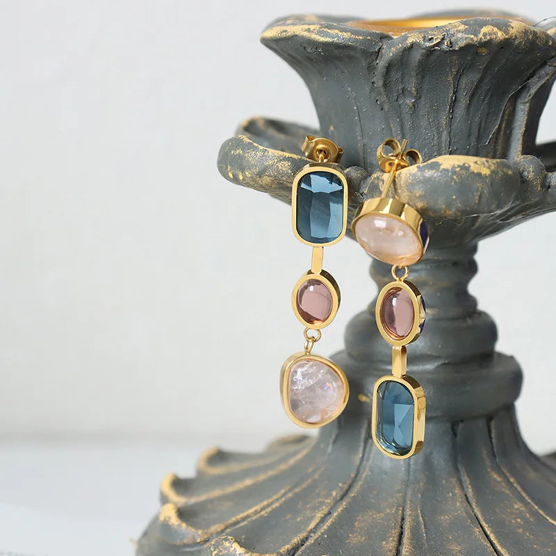 Pre Order:  Asymmetrical Colorful  Glass Stone Dangle Earrings