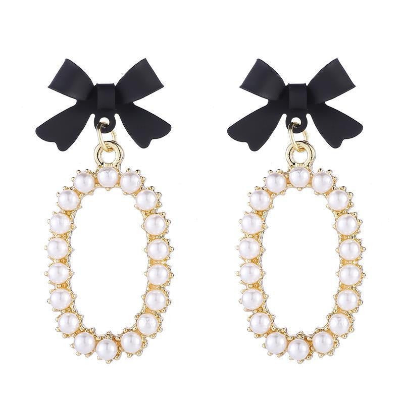 Pre Order:  Chic Black Bow Pearl Dangle Earrings