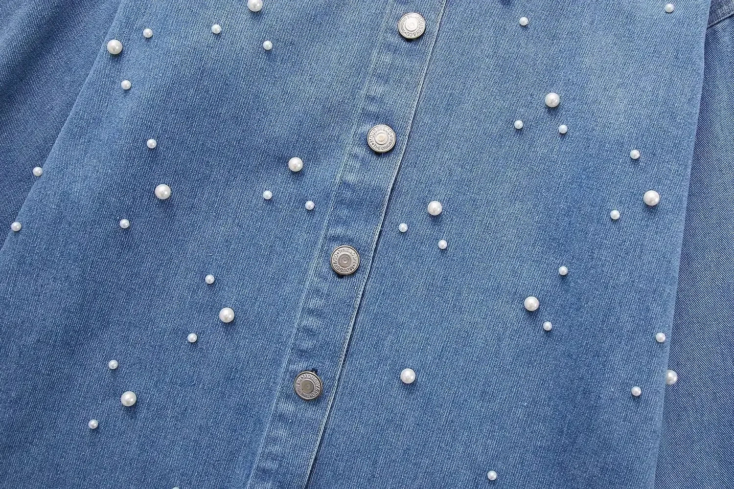 Faux Pearls Beaded Denim Shirt