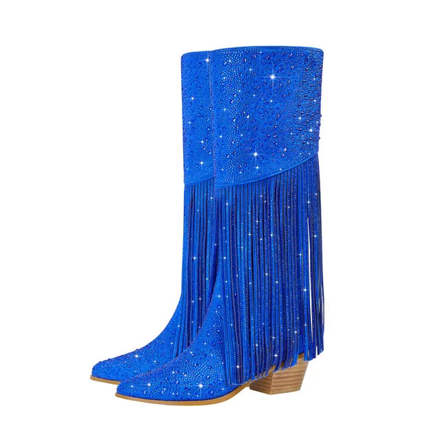 Tassel Rhinestone Chunky Heel Knee Long Boots