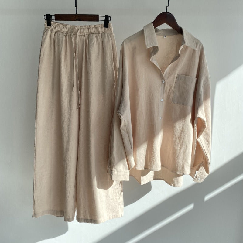 Solid Long Sleeved Shirt + High Waisted Loose Pants