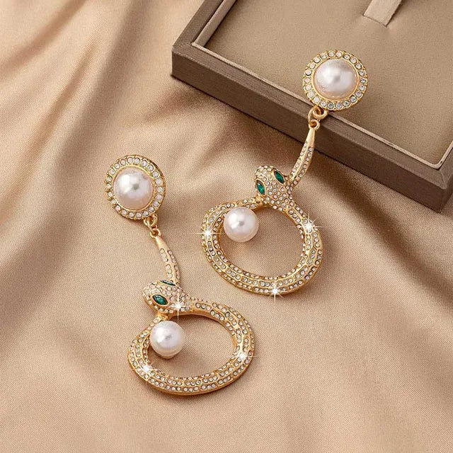 Pre Order:  Snake Shaped Pearl Diamond Inlaid Earrings