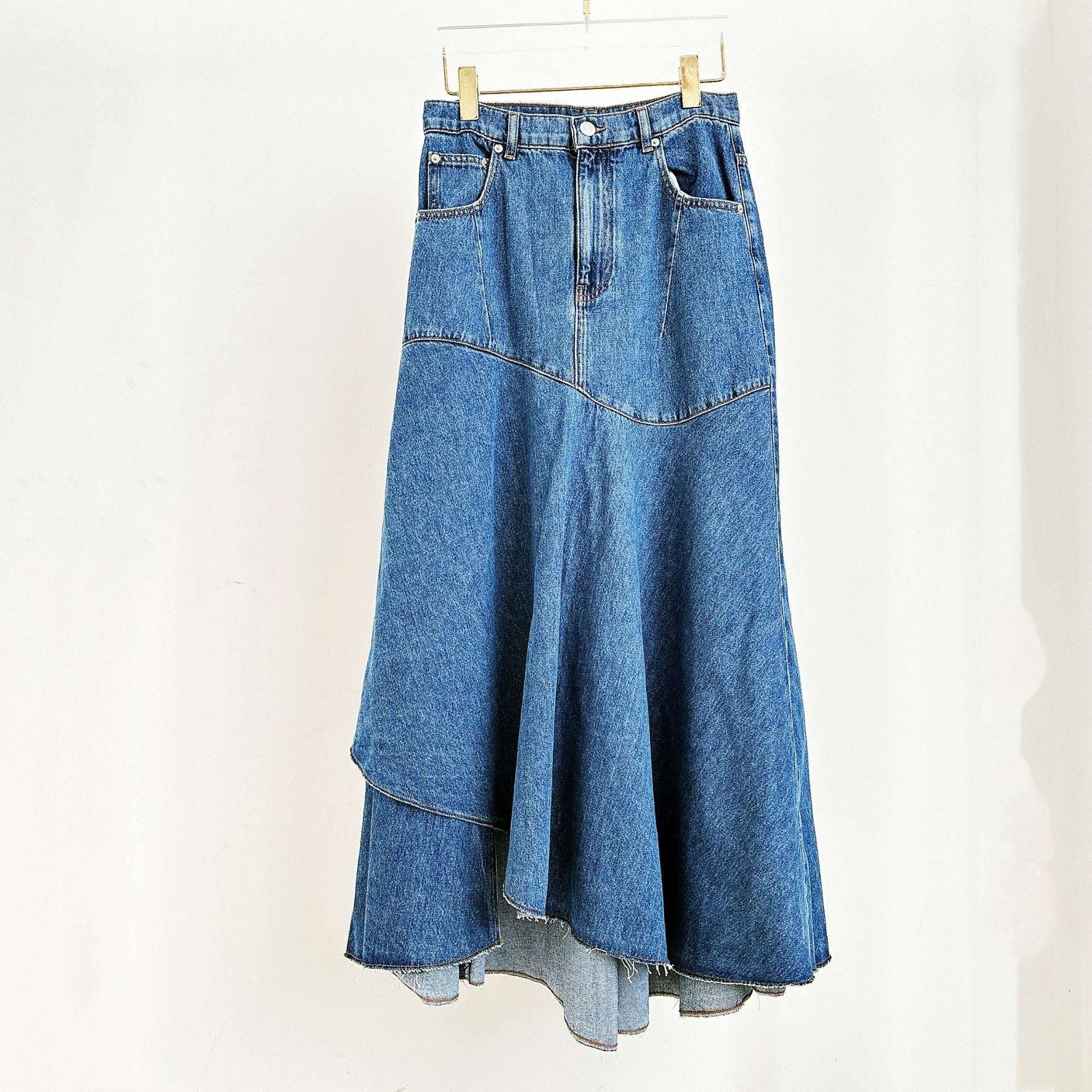 Pre Order:  Blue Splicing Irregular High Waist Denim Skirt