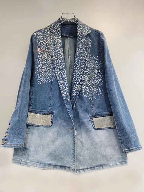 Pre Order:  Gradient Blue Diamond Embellished Irregular Denim Blazer