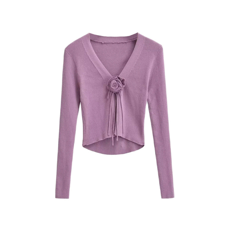 V-Neck Chest Rose Long Sleeved Knitted Cardigan