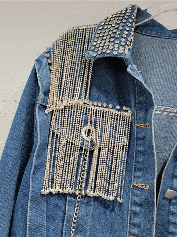 Pre Order:  Spliced Diamond Tassel Long Sleeved Denim Jacket