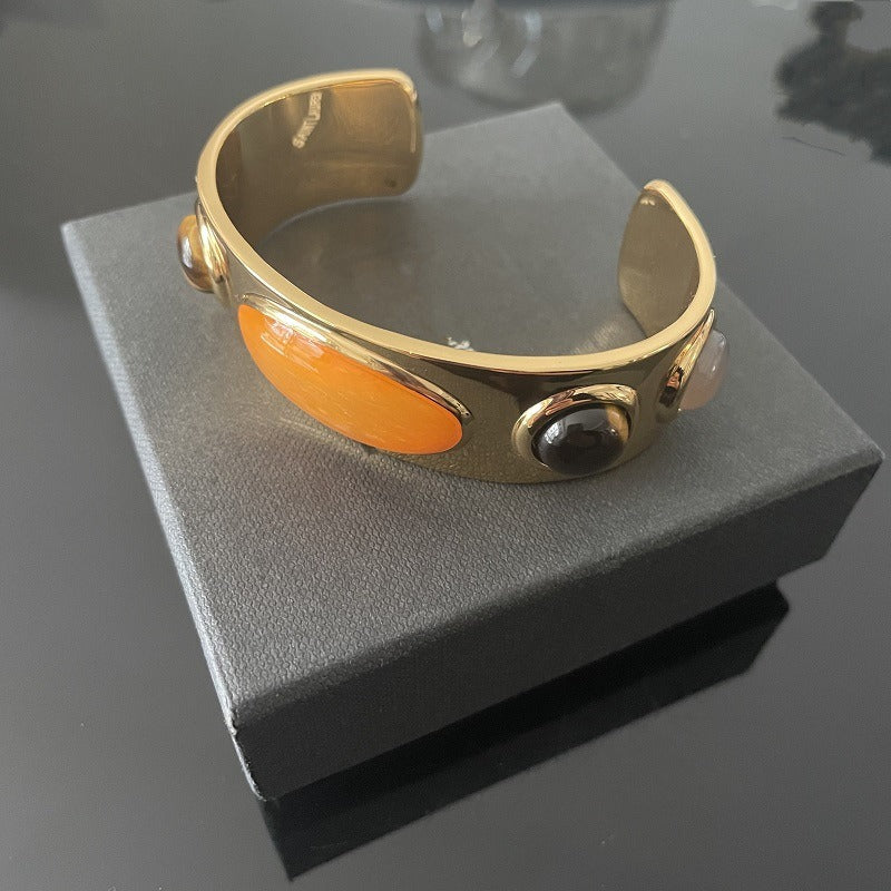 Pre Order:  Retro Natural Stone Open Metal Bracelet