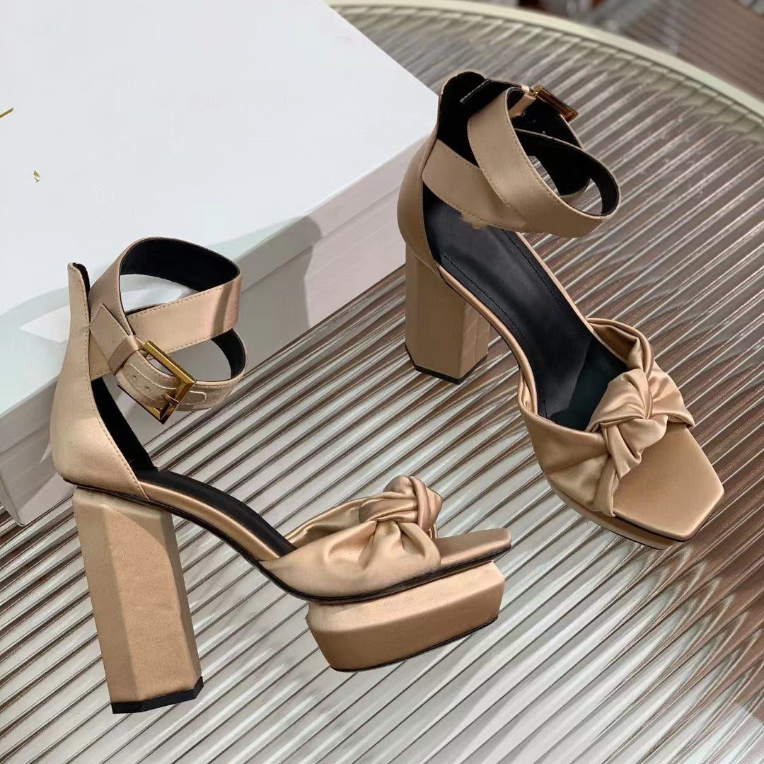 Suede Square Toe Thick High Heel Platform Sandals