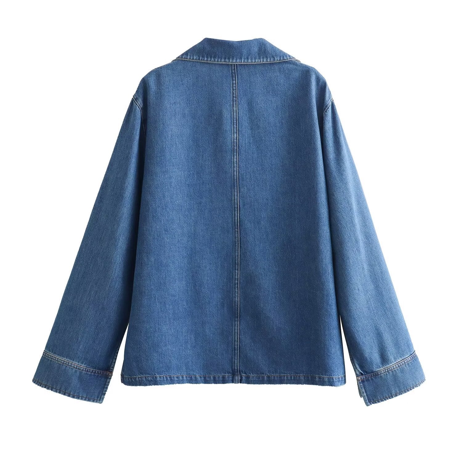 Retro Solid Lapel Long Sleeve Denim Shirt + Wide Leg Denim Pants