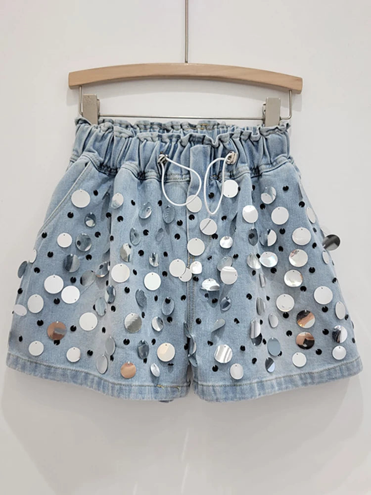 Pre Order: Elastic High Waist Wide Leg Big Sequins Shorts