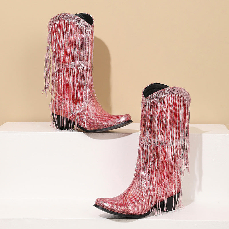 Pre Order:  Curved Toe Sequin Tassel Mid-Calf Cowboy Boots