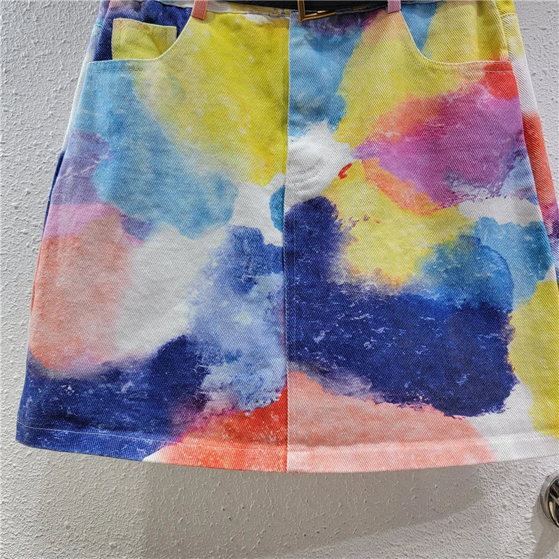 Pre Order: Tie Dye High Waist A-Line Denim Short Skirt