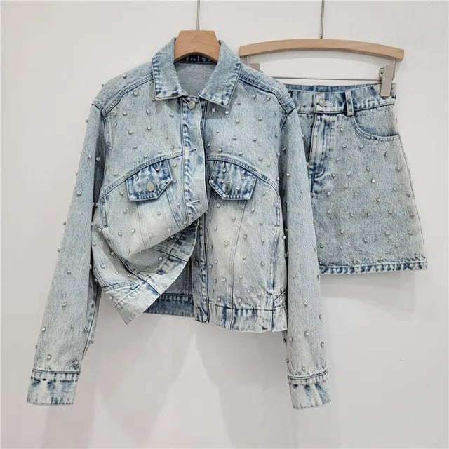 Diamond Embellished Denim Jacket + High Waist A-Line Skirt Set