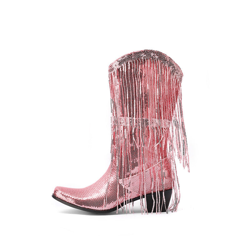 Pre Order:  Curved Toe Sequin Tassel Mid-Calf Cowboy Boots