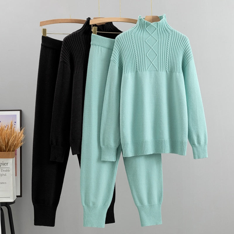 Pre Order:  Solid Long Sleeve Knit Sweater + Loose Pants Set