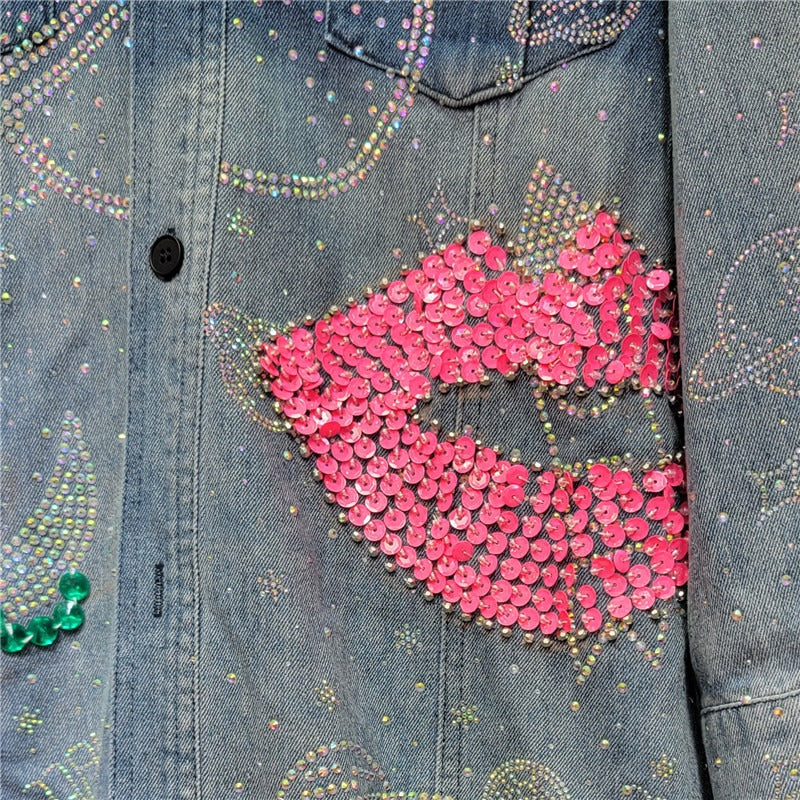 Sequin Heart Letter Gradient Long Sleeved Denim Shirt