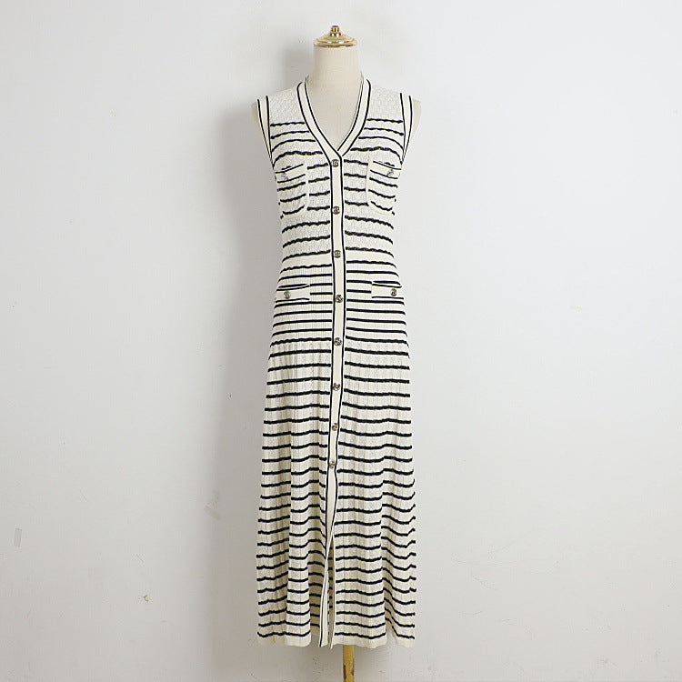 Pre Order:  Classic Striped Sleeveless V-Neck Knitted Dress