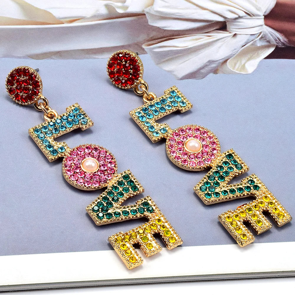 Pre Order:  LOVE Multicolor Rhinestones Dangle Earrings