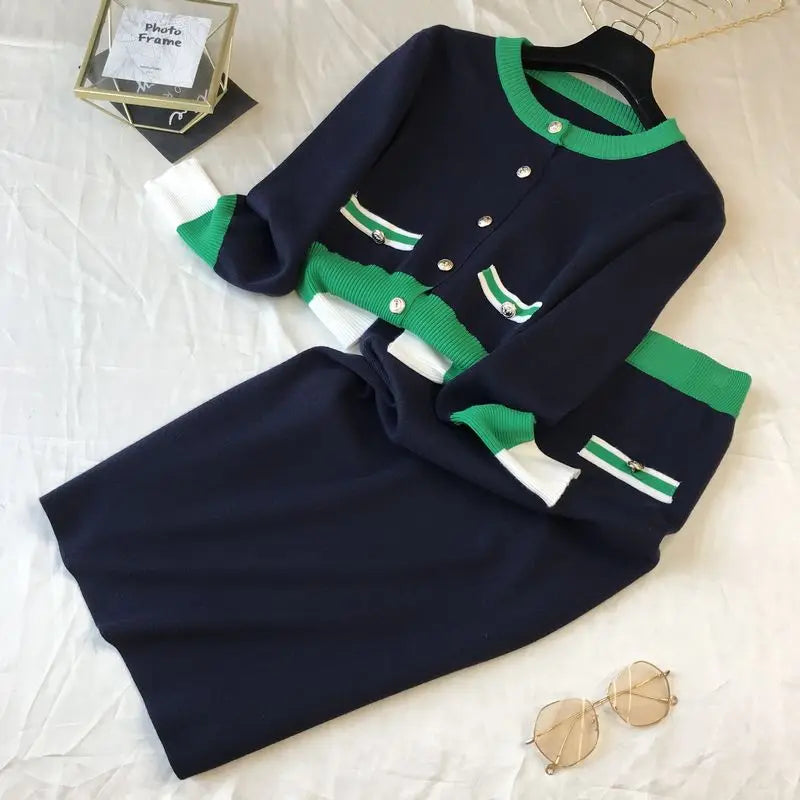 Pre Order:  Casual Knitted Cardigan + Slim Fit Skirt Set